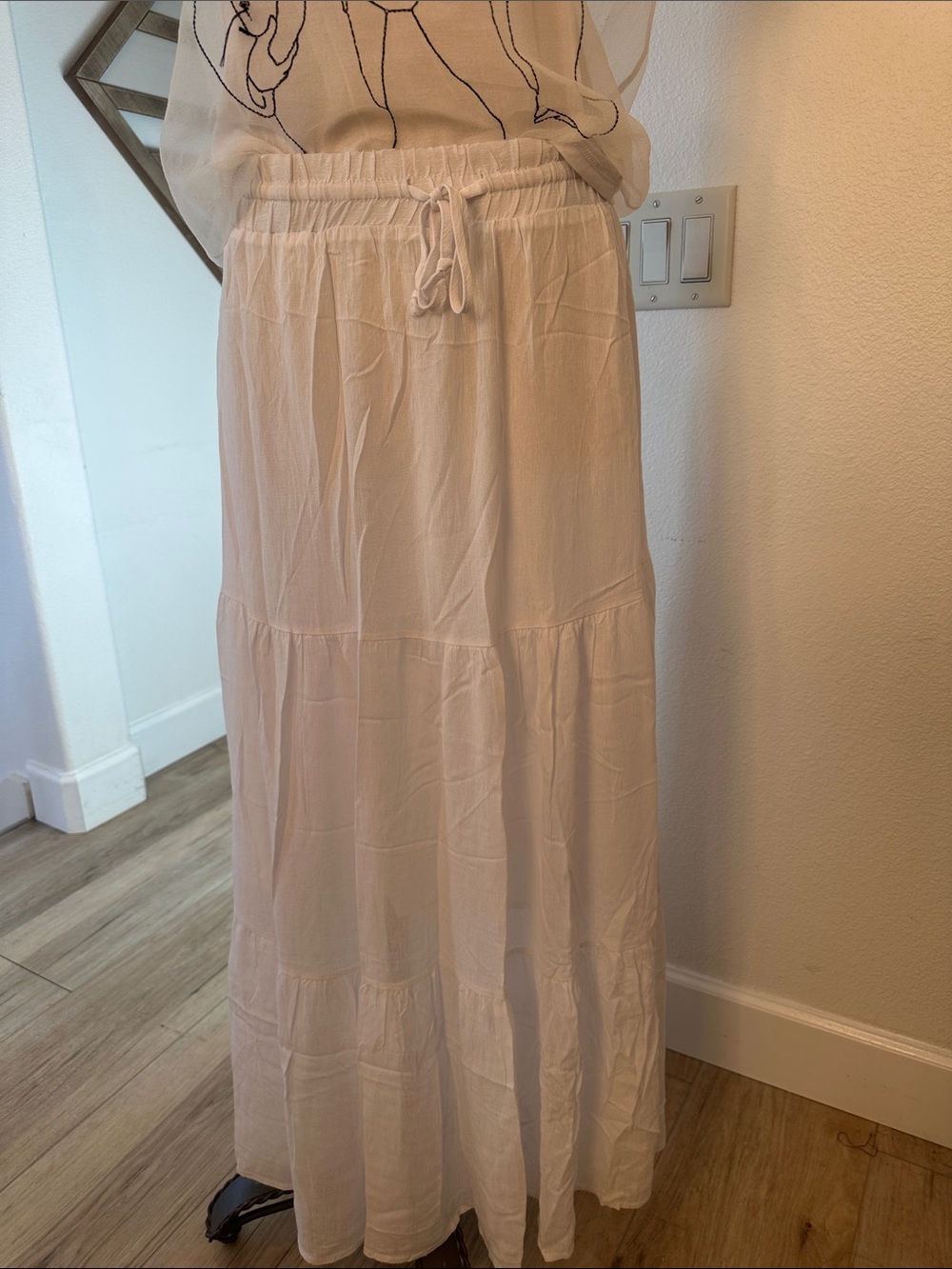 NWOT Passport White Tiered Maxi Skirt with Drawstring Waist